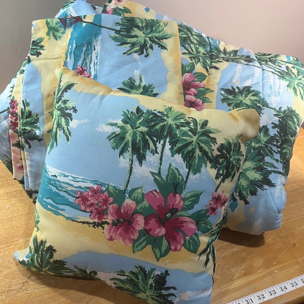 Vtg Dan River Tropical Palm Tree Hibiscus Full Comforter Set 4pc Made in USA